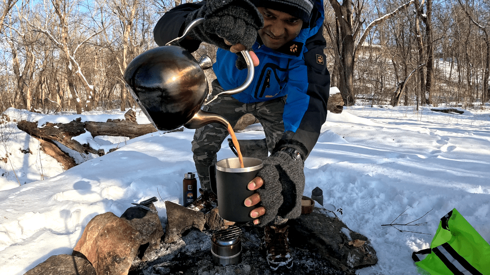 Making Masala Chai on a Wood Burning Stove with Snow All-Around